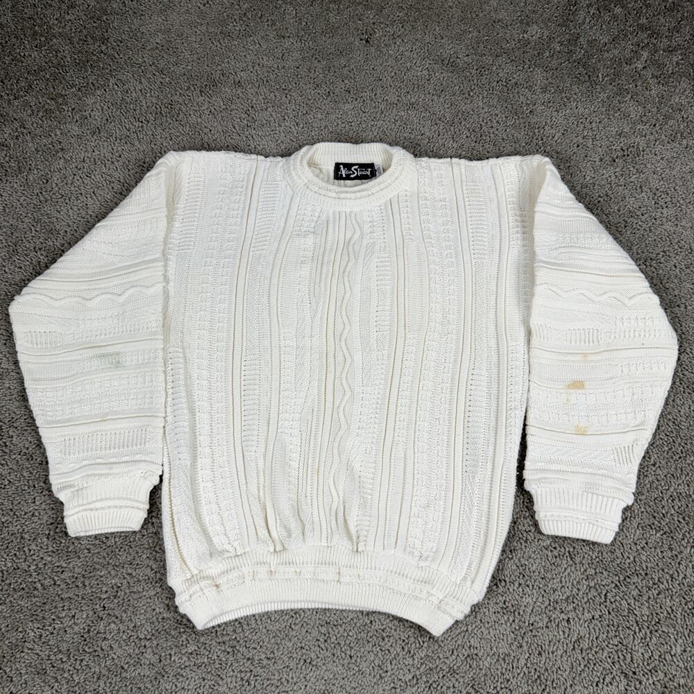 Vintage Alan Stuart Sweater Mens Medium White Textured Knit Crewneck USA 90s